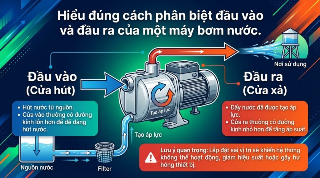 Hiểu đúng cách phân biệt đầu vào và đầu ra của một máy bơm nước.