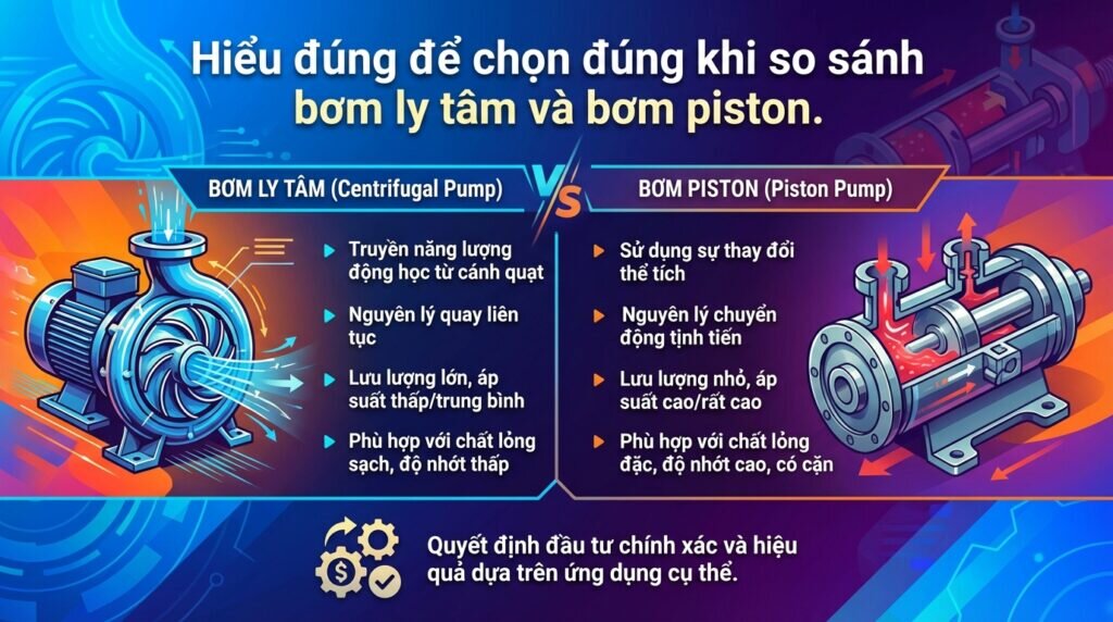Hiểu đúng để chọn đúng khi so sánh bơm ly tâm và bơm piston.