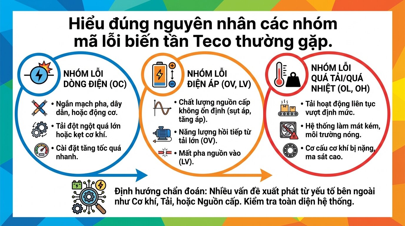 Hiểu đúng nguyên nhân các nhóm mã lỗi biến tần Teco thường gặp.