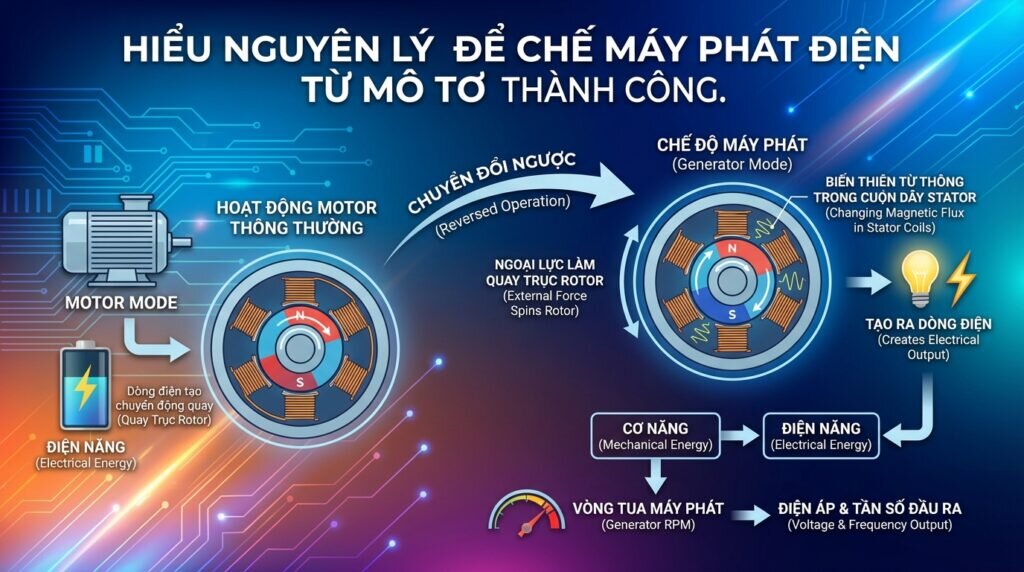 Hiểu nguyên lý để chế máy phát điện từ mô tơ thành công.