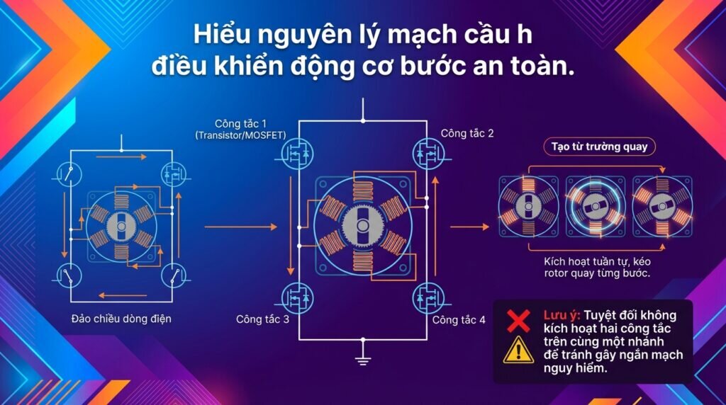 Hiểu nguyên lý mạch cầu h điều khiển động cơ bước an toàn.