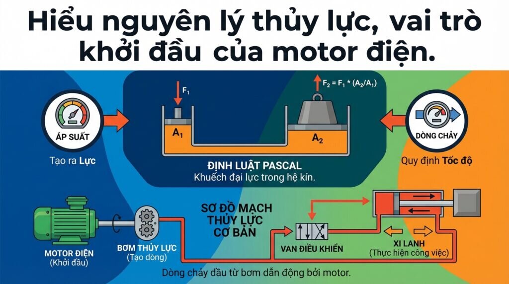 Hiểu nguyên lý thủy lực, vai trò khởi đầu của motor điện.