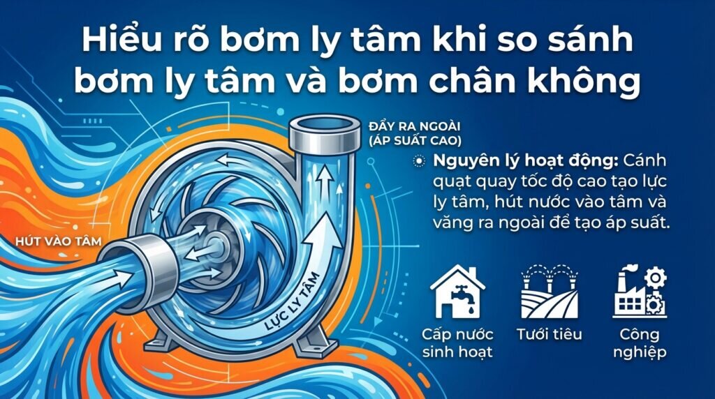 Hiểu rõ bơm ly tâm khi so sánh bơm ly tâm và bơm chân không.