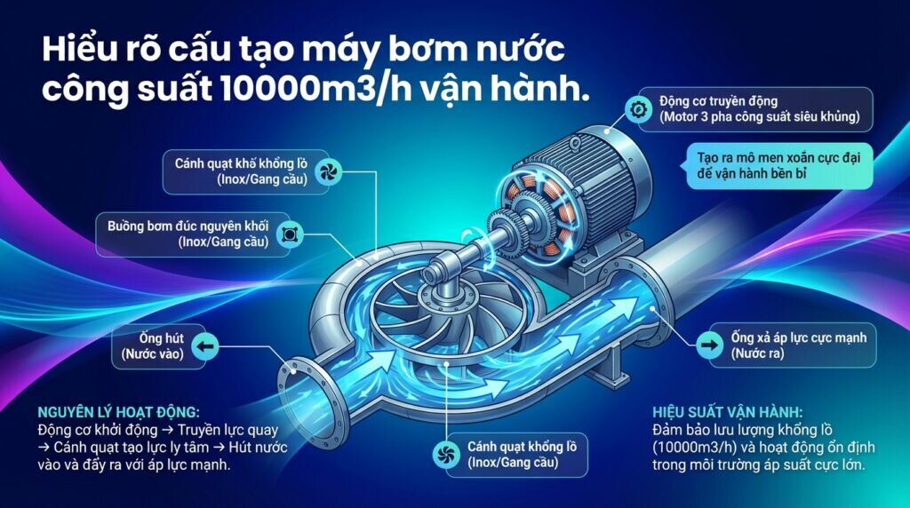 Hiểu rõ cấu tạo máy bơm nước công suất 10000m3/h vận hành.