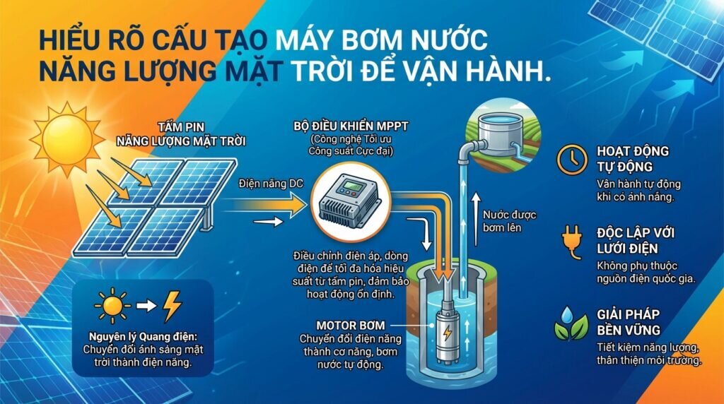 Hiểu rõ cấu tạo máy bơm nước năng lượng mặt trời để vận hành.