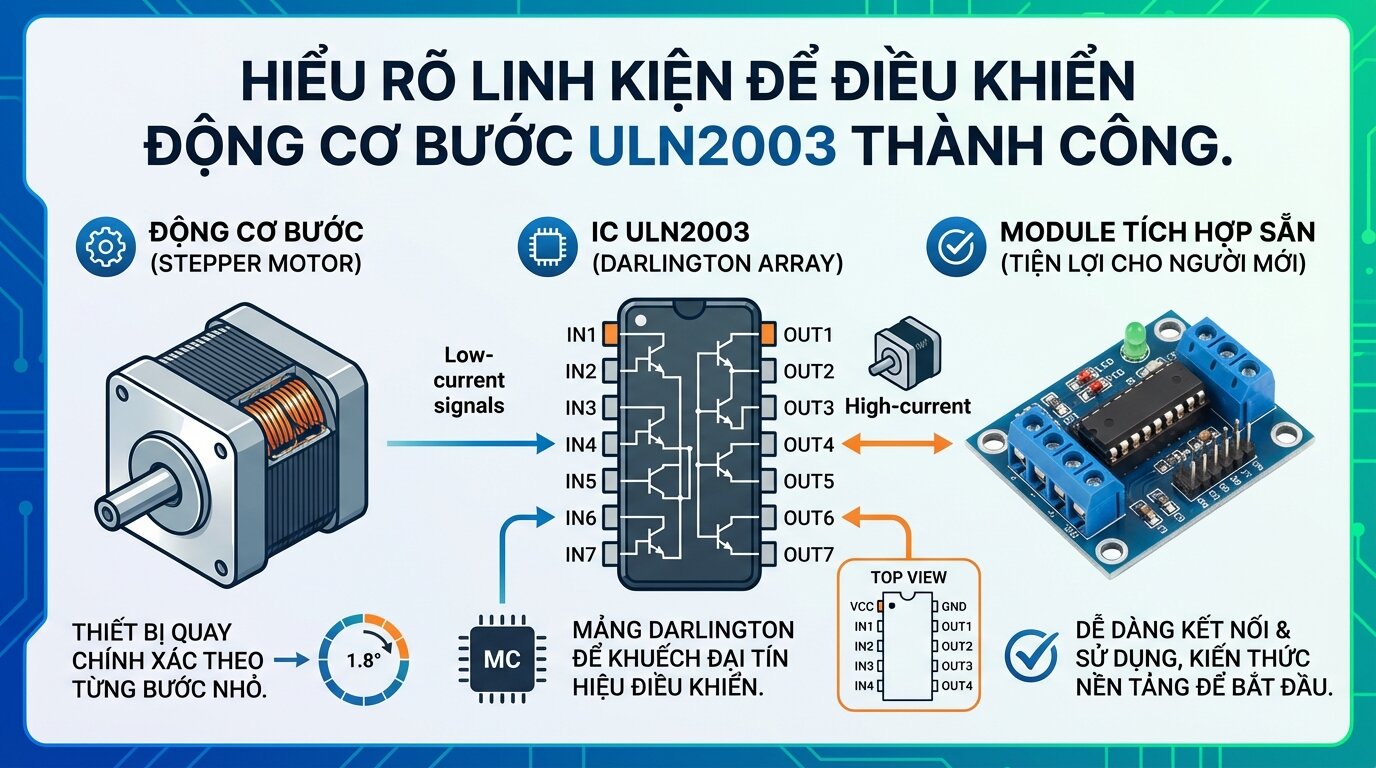 Hiểu rõ linh kiện để điều khiển động cơ bước ULN2003 thành công.