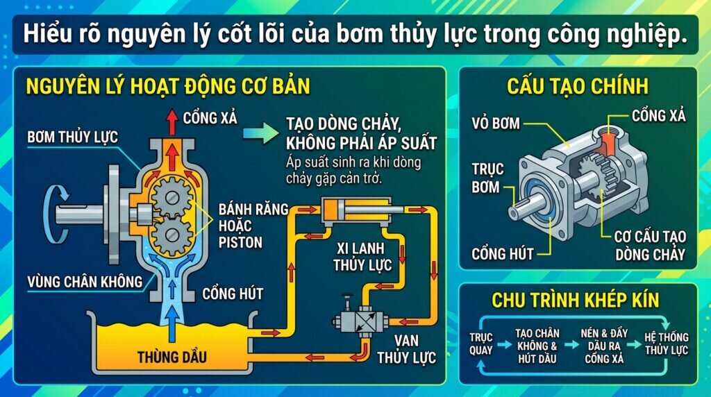 Hiểu rõ nguyên lý cốt lõi của bơm thủy lực trong công nghiệp.