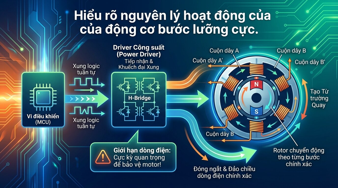 Hiểu rõ nguyên lý hoạt động của động cơ bước lưỡng cực.