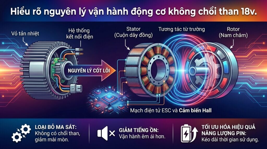 Hiểu rõ nguyên lý vận hành động cơ không chổi than 18v.