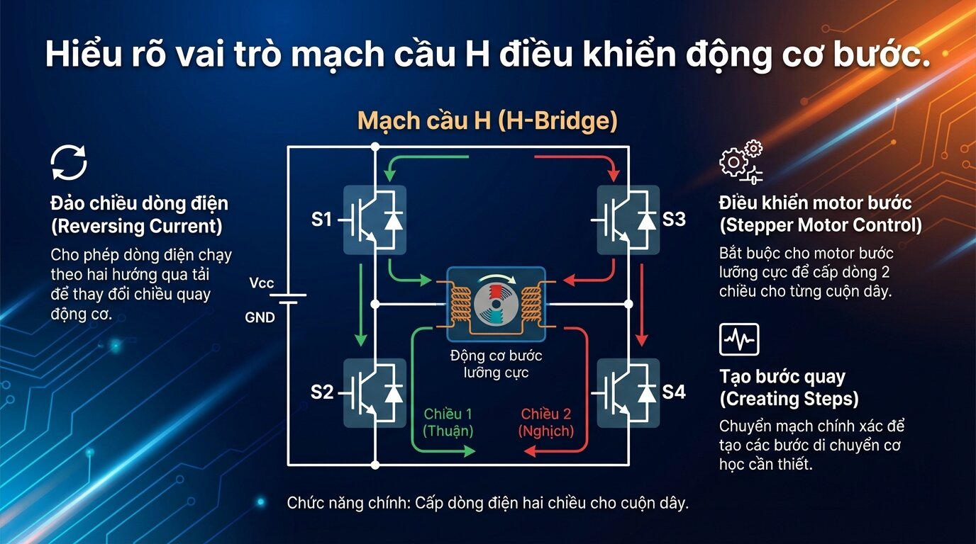 Hiểu rõ vai trò mạch cầu H điều khiển động cơ bước.