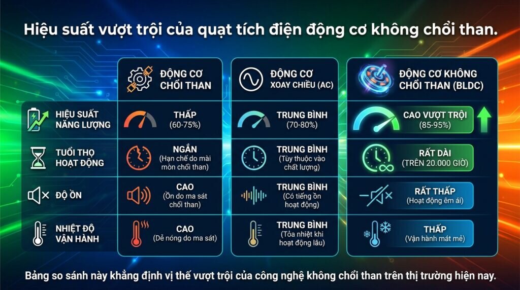 Hiệu suất vượt trội của quạt tích điện động cơ không chổi than.