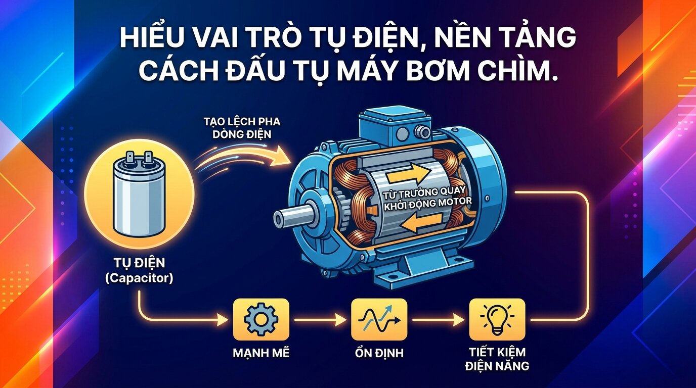 Hiểu vai trò tụ điện, nền tảng cách đấu tụ máy bơm chìm.