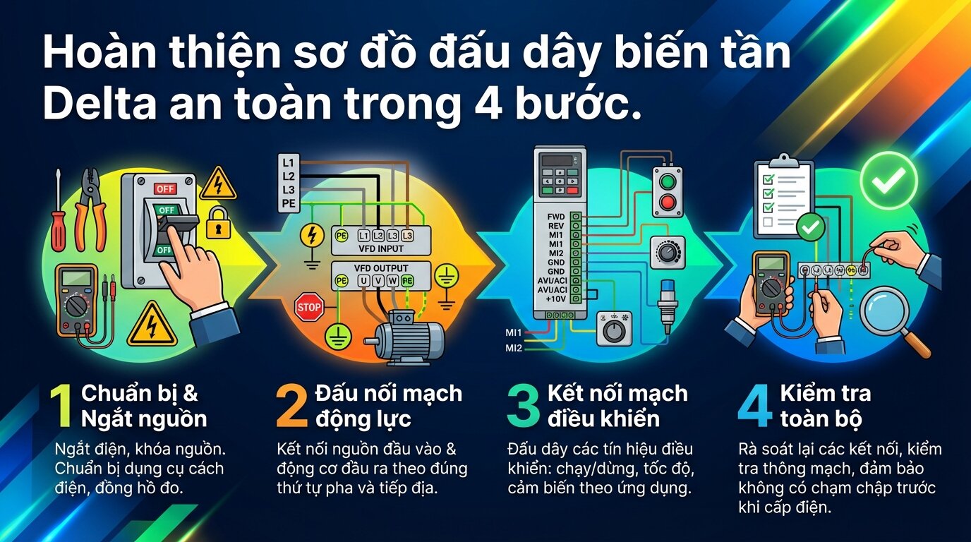Hoàn thiện sơ đồ đấu dây biến tần Delta an toàn trong 4 bước.