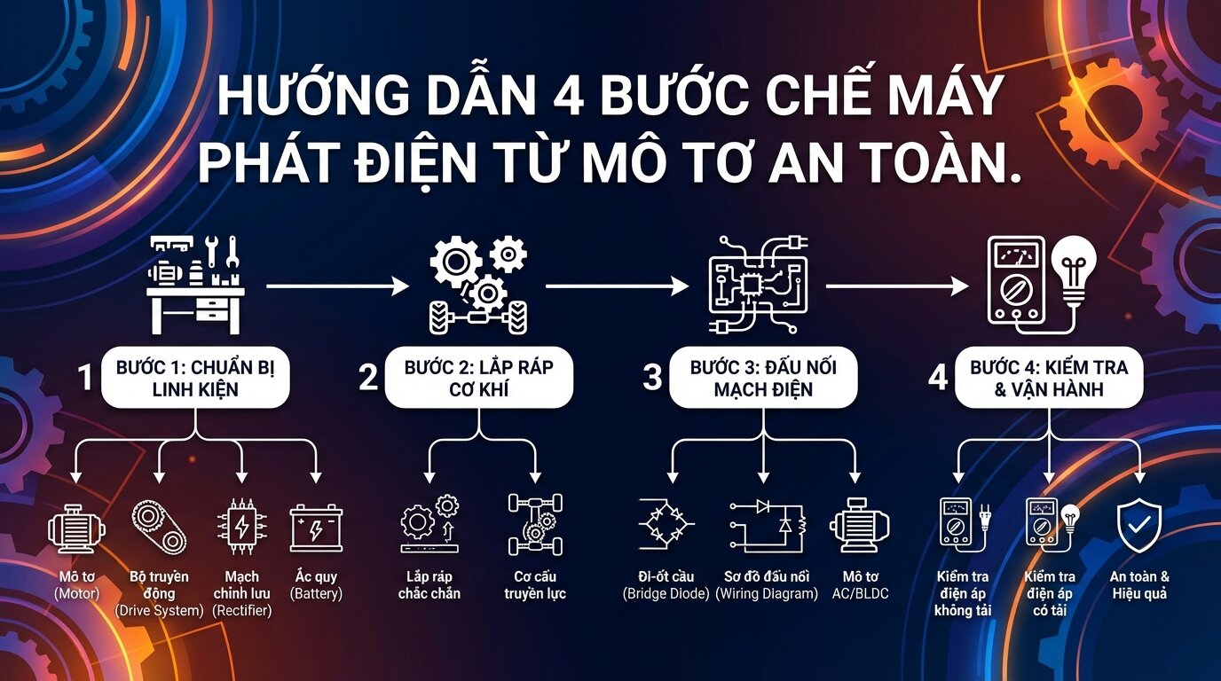 Hướng dẫn 4 bước chế máy phát điện từ mô tơ an toàn.