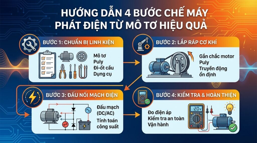 Hướng dẫn 4 bước chế máy phát điện từ mô tơ hiệu quả.