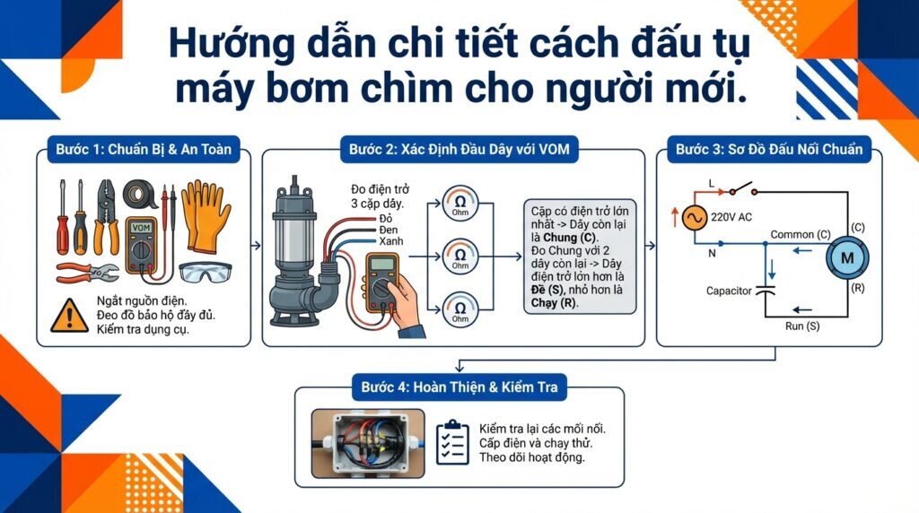 Hướng dẫn chi tiết cách đấu tụ máy bơm chìm cho người mới.