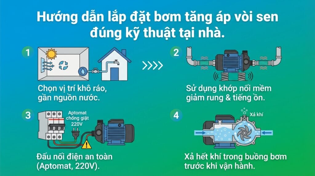 Hướng dẫn lắp đặt bơm tăng áp vòi sen đúng kỹ thuật tại nhà.
