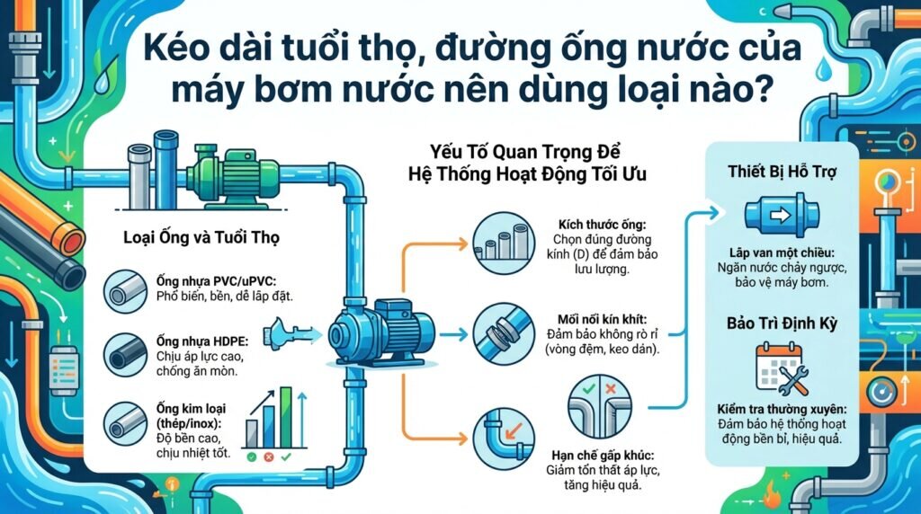 Kéo dài tuổi thọ, đường ống nước của máy bơm nước nên dùng loại nào?