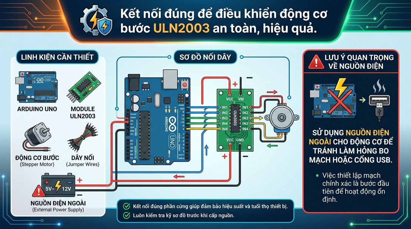 Kết nối đúng để điều khiển động cơ bước ULN2003 an toàn, hiệu quả.