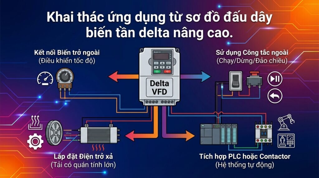 Khai thác ứng dụng từ sơ đồ đấu dây biến tần delta nâng cao.