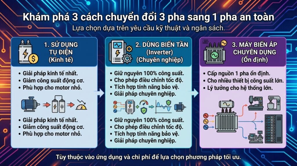 Khám phá 3 cách chuyển đổi 3 pha sang 1 pha an toàn.