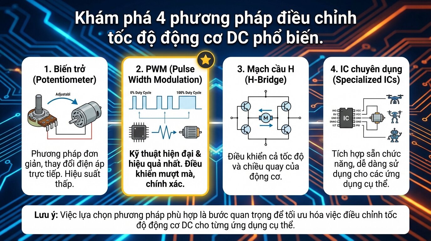 Khám phá 4 phương pháp điều chỉnh tốc độ động cơ DC phổ biến.