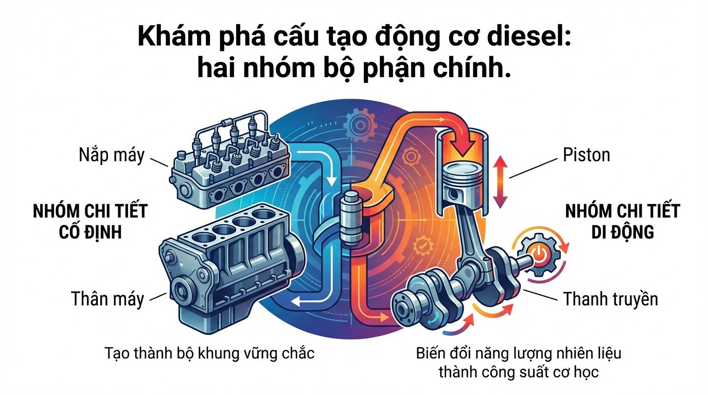 Khám phá cấu tạo động cơ diesel: hai nhóm bộ phận chính.