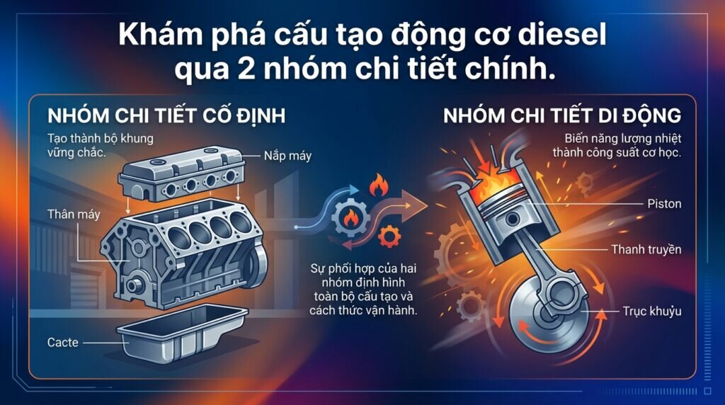 Khám phá cấu tạo động cơ diesel qua 2 nhóm chi tiết chính.