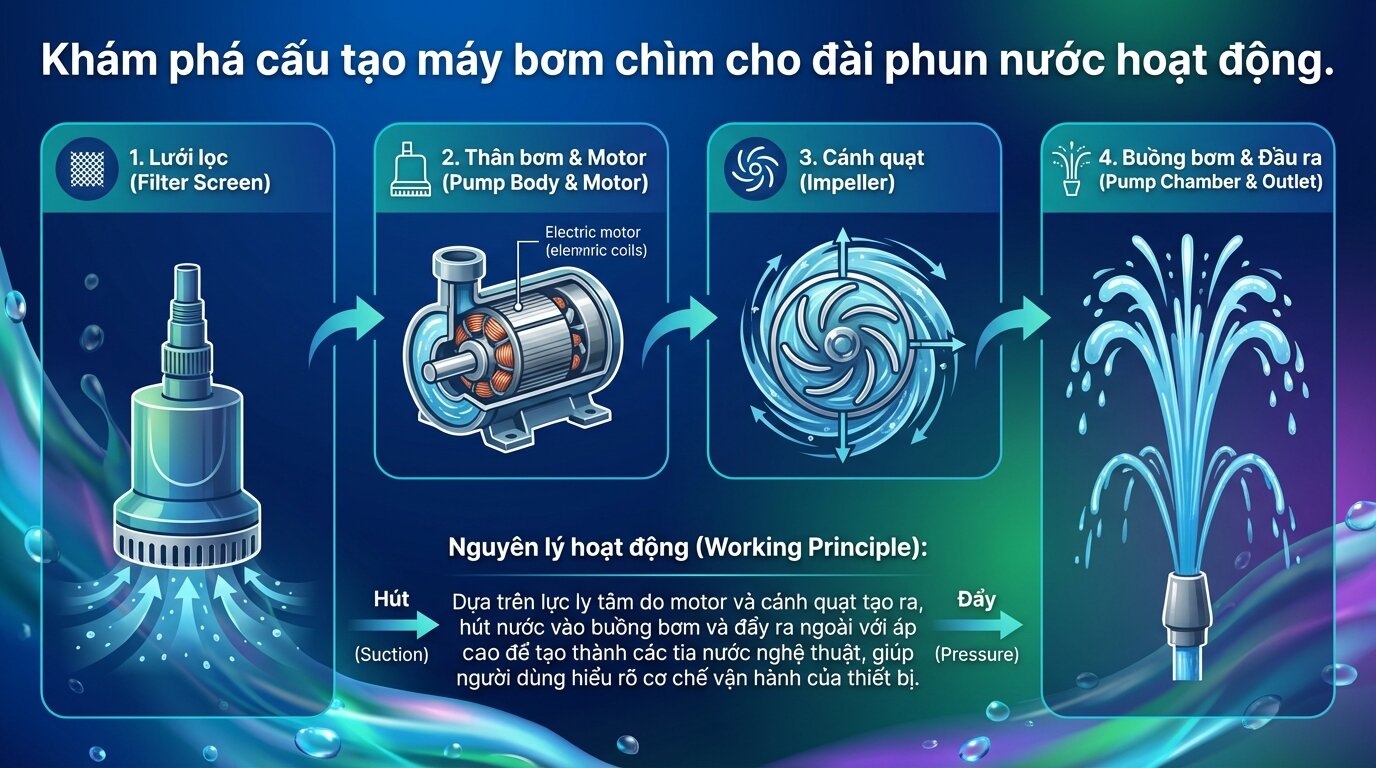 Khám phá cấu tạo máy bơm chìm cho đài phun nước hoạt động.