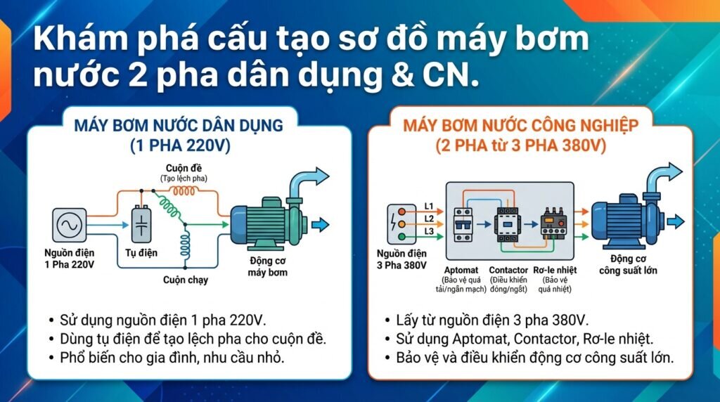 Khám phá cấu tạo sơ đồ máy bơm nước 2 pha dân dụng & CN.