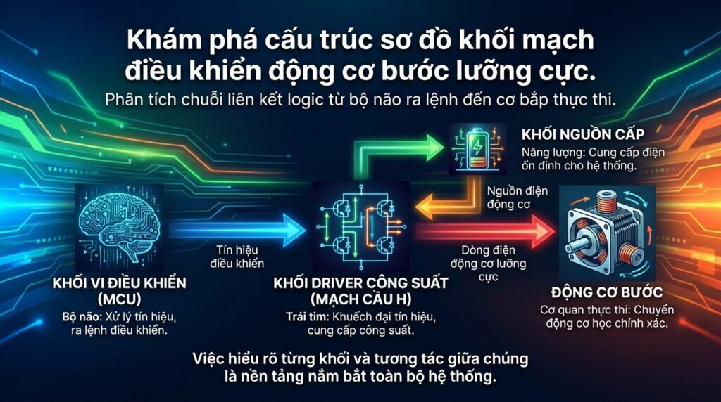Khám phá cấu trúc sơ đồ khối mạch điều khiển động cơ bước lưỡng cực.