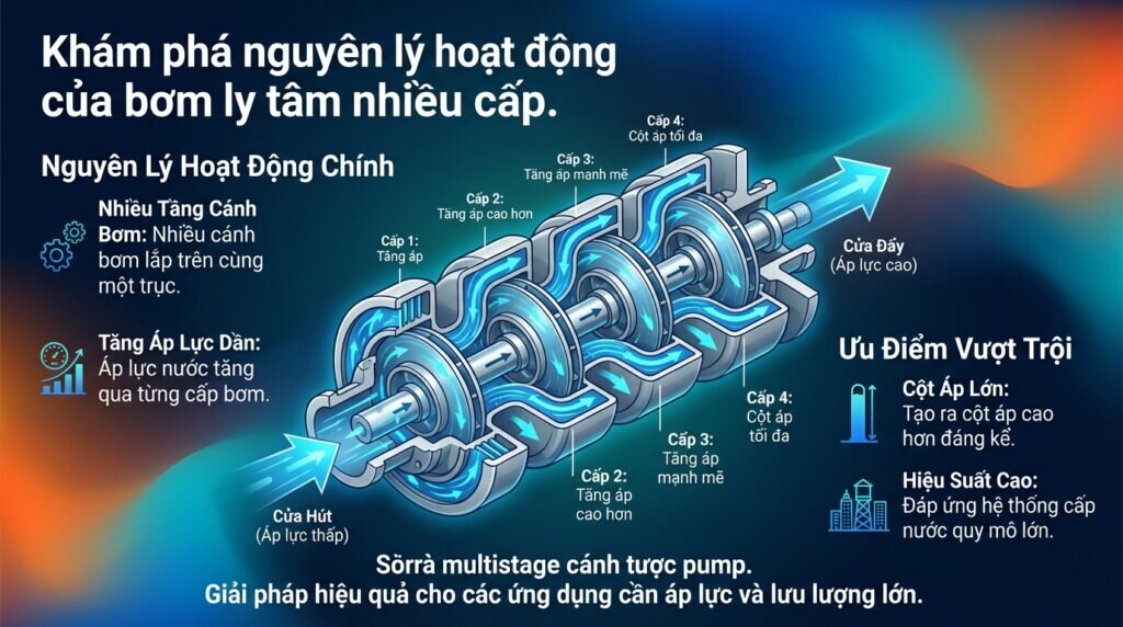 Khám phá nguyên lý hoạt động của bơm ly tâm nhiều cấp.