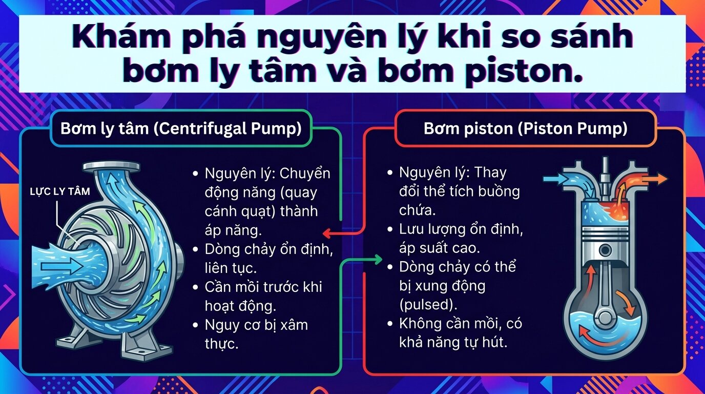 Khám phá nguyên lý khi so sánh bơm ly tâm và bơm piston.
