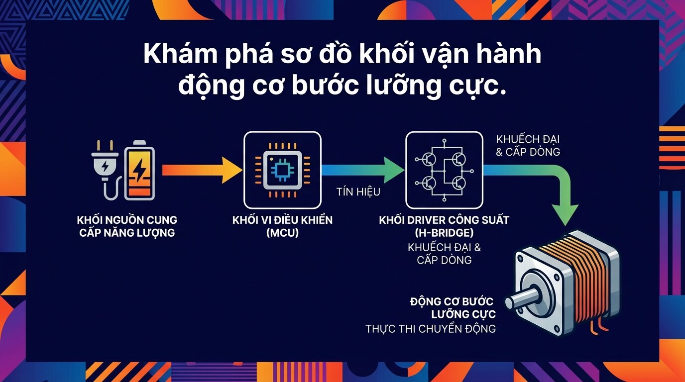 Khám phá sơ đồ khối vận hành động cơ bước lưỡng cực.