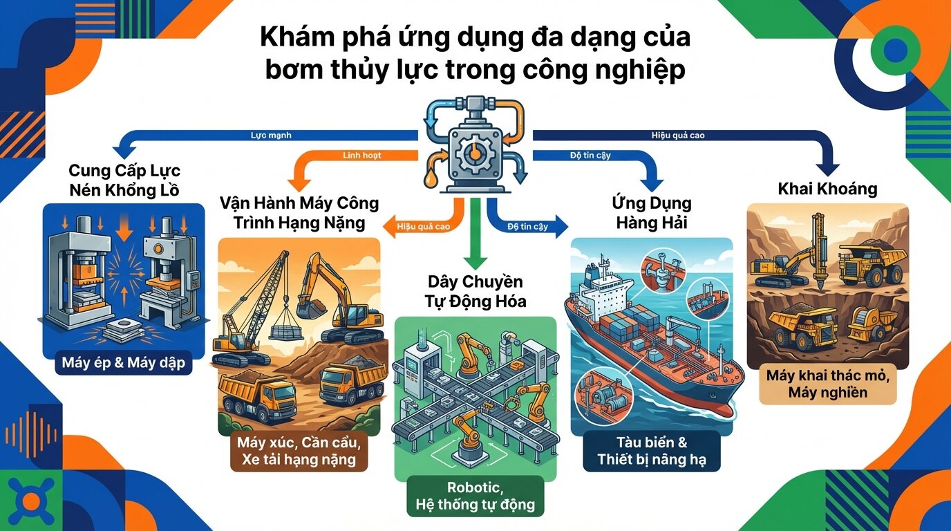Khám phá ứng dụng đa dạng của bơm thủy lực trong công nghiệp.