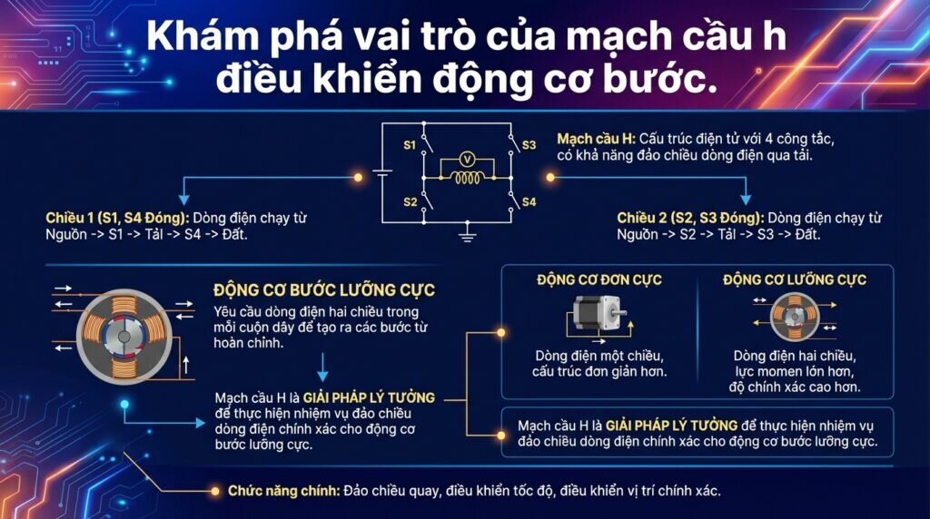 Khám phá vai trò của mạch cầu h điều khiển động cơ bước.