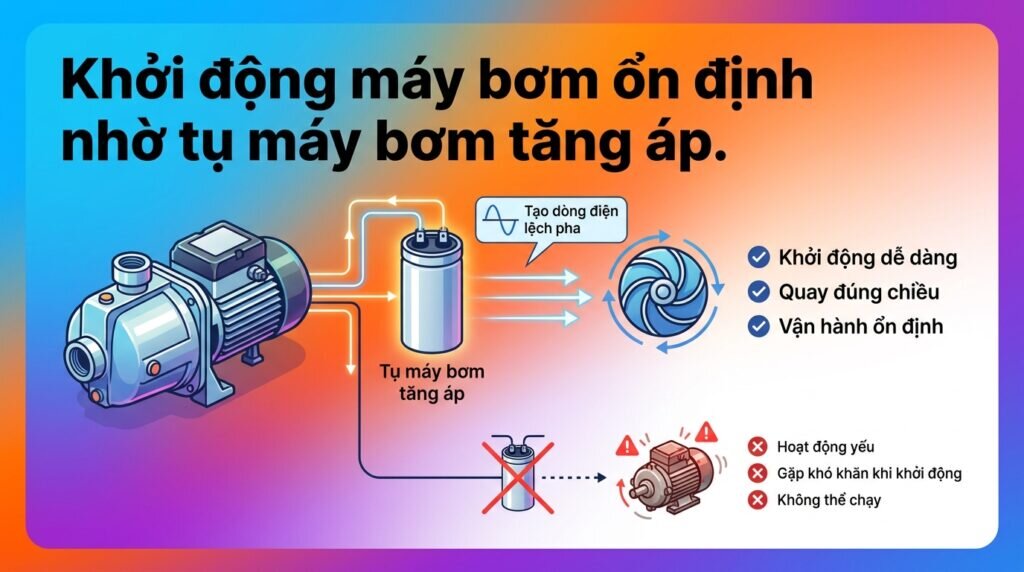 Khởi động máy bơm ổn định nhờ tụ máy bơm tăng áp.