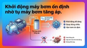 Khởi động máy bơm ổn định nhờ tụ máy bơm tăng áp.