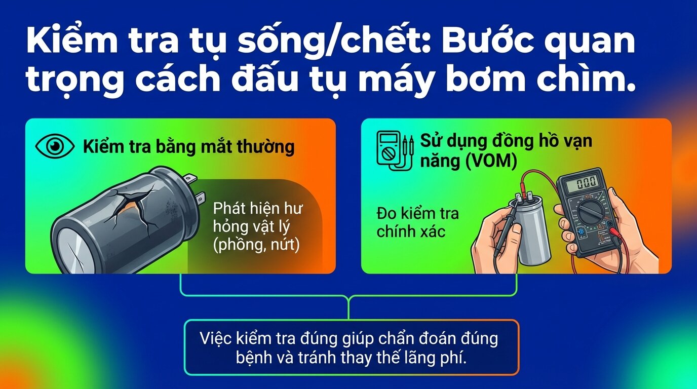 Kiểm tra tụ sống/chết: Bước quan trọng cách đấu tụ máy bơm chìm.