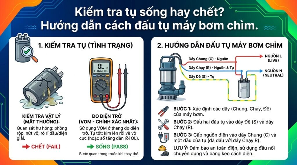 Kiểm tra tụ sống hay chết? Hướng dẫn cách đấu tụ máy bơm chìm.