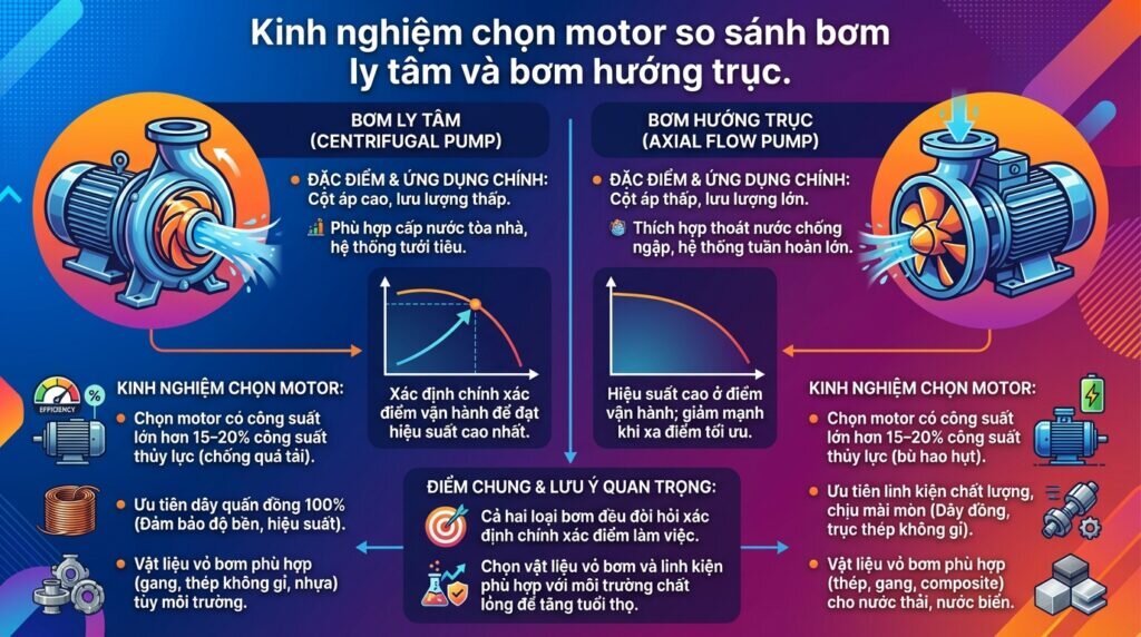 Kinh nghiệm chọn motor so sánh bơm ly tâm và bơm hướng trục.