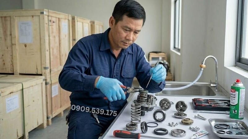 Kỹ thuật viên đang bảo trì phớt máy bơm nước. 