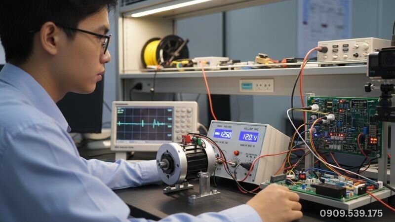 Kỹ thuật viên đang điều chỉnh tốc độ động cơ DC.