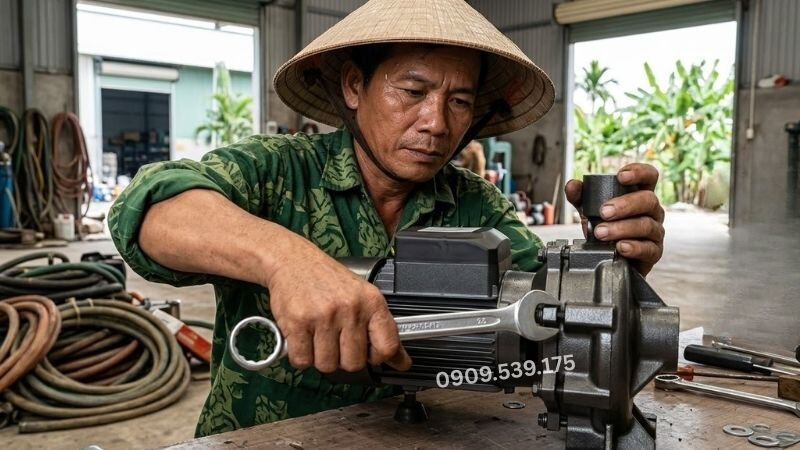 Kỹ thuật viên đang siết ốc chặt lại để đảm bảo các mối ghép kín khít, ngăn ngừa rò rỉ nước và giúp máy bơm vận hành ổn định hơn.