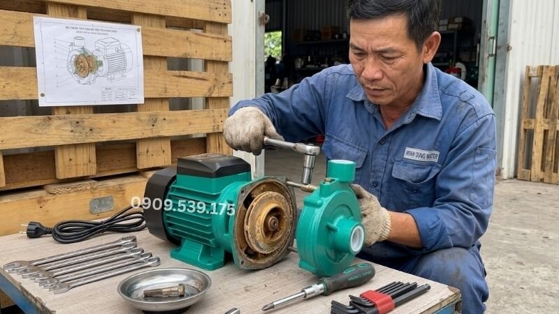 Kỹ thuật viên đang tháo máy bơm nước gia đình đúng cách.