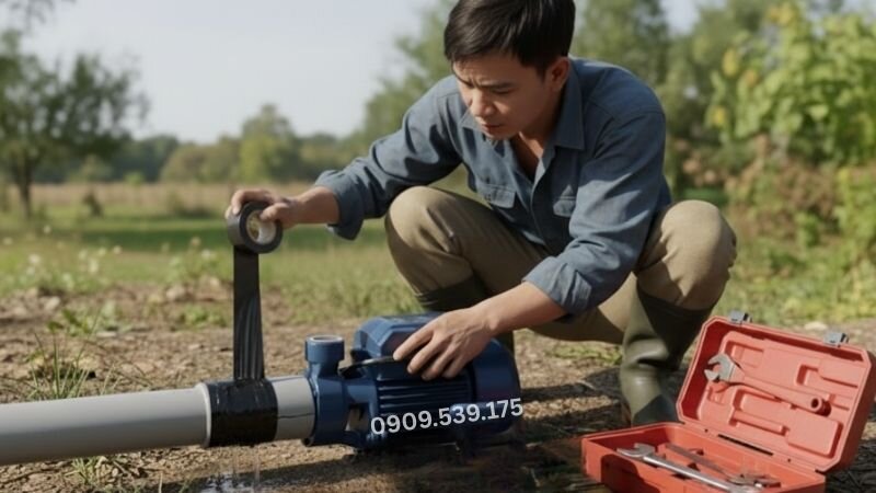Kỹ thuật viên đang xử lý rò rỉ nước ở đường ống.