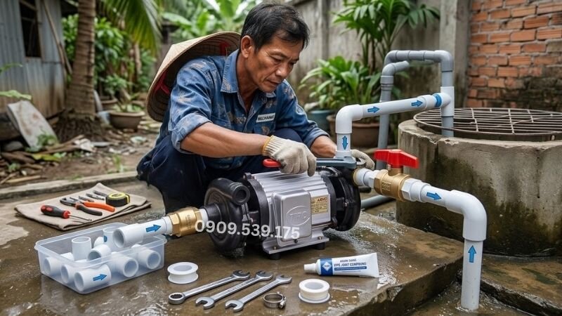 Kỹ thuật viên lắp van một chiều ngay sau đầu xả của motor máy bơm nước để ngăn hiện tượng nước chảy ngược khi ngừng bơm.