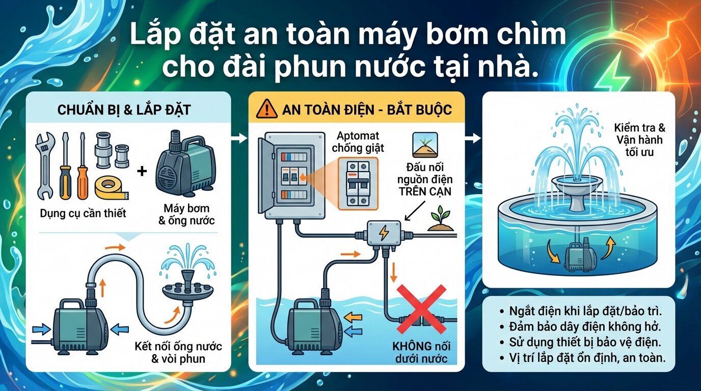 Lắp đặt an toàn máy bơm chìm cho đài phun nước tại nhà.