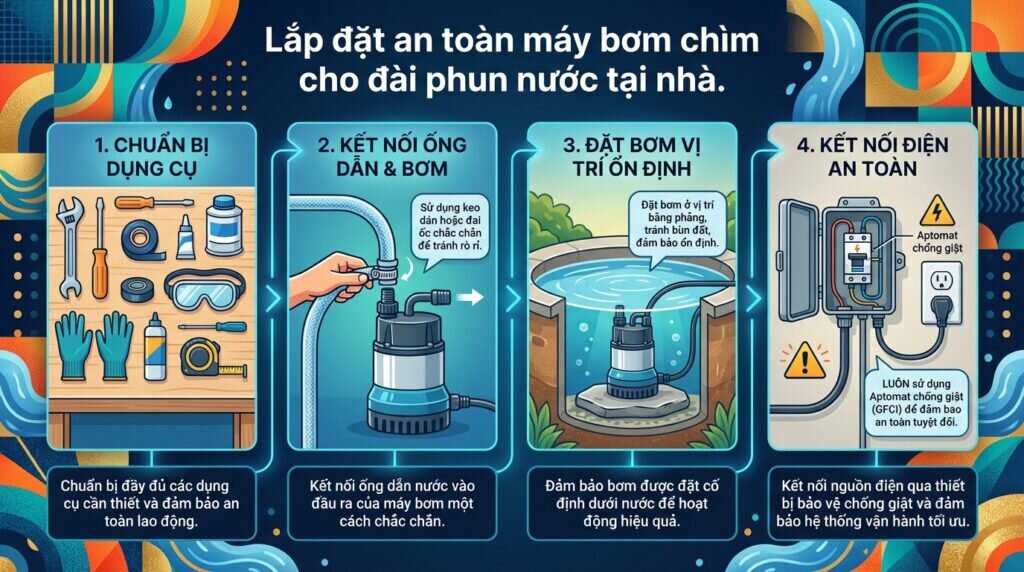 Lắp đặt an toàn máy bơm chìm cho đài phun nước tại nhà.