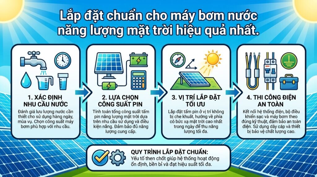Lắp đặt chuẩn cho máy bơm nước năng lượng mặt trời hiệu quả nhất.